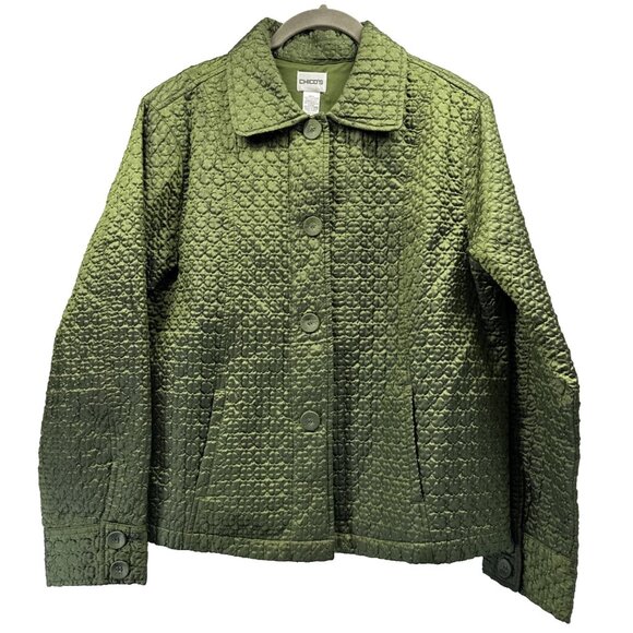 Chicos Women's Jacket Size Large Shiny Green Quilted Button Up Pockets Lined - Picture 1 of 10